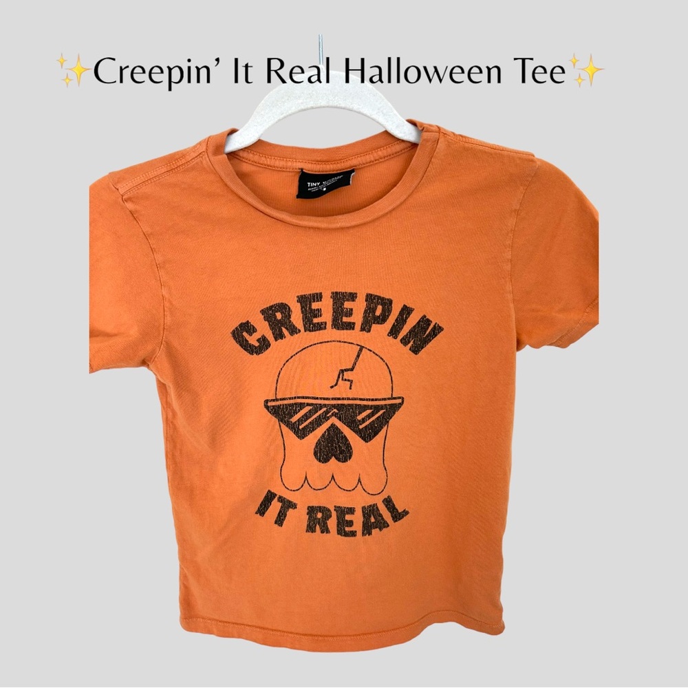 ✨Kid’s Halloween Skull Tee. “Creepin’ It Real” in Orange and Black. Size 8✨‎ - Picture 4 of 7